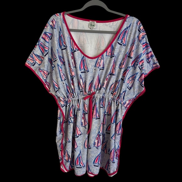 Classic Southern Smocks Medium Sailboat Print Swim Cover Up Dress Blue Nautical - Picture 1 of 5